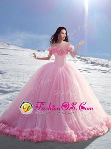 Gorgeous Tulle Off The Shoulder Cap Sleeves Court Train Lace Up Hand Made Flower Sweet 16 Quinceanera Dress in Rose Pink