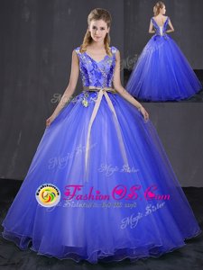 Custom Designed Sleeveless Tulle Floor Length Lace Up Vestidos de Quinceanera in Royal Blue for with Appliques and Belt