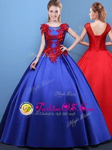 Elegant Scoop Royal Blue Ball Gowns Appliques Quinceanera Gowns Lace Up Satin Cap Sleeves Floor Length
