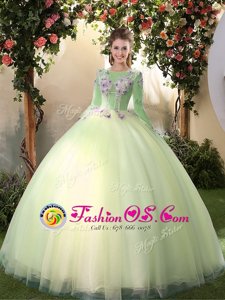 Elegant Light Yellow Ball Gowns Scoop Long Sleeves Tulle Floor Length Lace Up Appliques Quince Ball Gowns