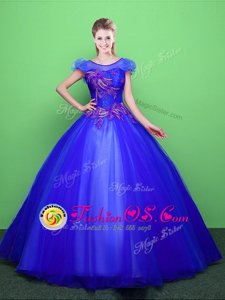 Charming Scoop Blue Tulle Lace Up Quince Ball Gowns Short Sleeves Floor Length Appliques