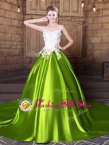Scoop Yellow Green Elastic Woven Satin Lace Up 15 Quinceanera Dress Sleeveless With Train Court Train Lace and Appliques