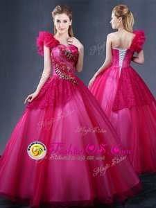 One Shoulder Sleeveless Lace and Appliques and Ruffles Lace Up Vestidos de Quinceanera