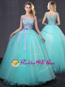 Glittering Aqua Blue Scoop Lace Up Appliques and Belt Quinceanera Dresses Sleeveless