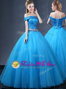 Off the Shoulder Sleeveless Lace Up Floor Length Beading and Appliques Quinceanera Gowns