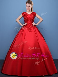 Scoop Red Cap Sleeves Appliques Floor Length Quinceanera Dress