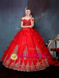Trendy Off the Shoulder Sleeveless Tulle Floor Length Lace Up Quince Ball Gowns in Red for with Beading and Appliques and Ruffles