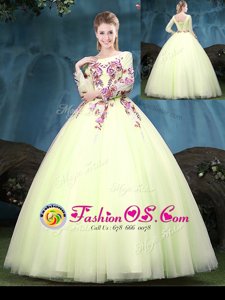 Scoop Yellow Green Long Sleeves Floor Length Appliques Lace Up Ball Gown Prom Dress