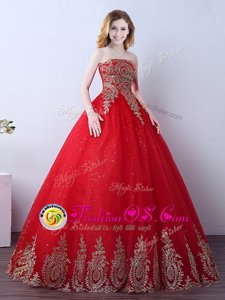 Stunning Red Ball Gowns Appliques and Sequins Quinceanera Gowns Lace Up Tulle Sleeveless Floor Length