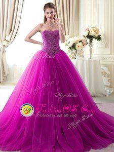 With Train Lace Up Vestidos de Quinceanera Fuchsia and In for Military Ball and Sweet 16 and Quinceanera with Beading Brush Train