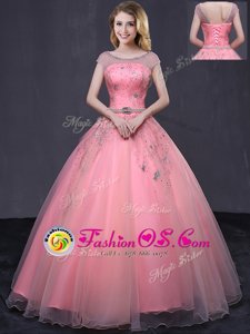 Scoop Floor Length Ball Gowns Cap Sleeves Watermelon Red Sweet 16 Dress Lace Up
