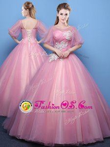Classical Scoop Half Sleeves Quinceanera Gowns Floor Length Appliques Pink Tulle