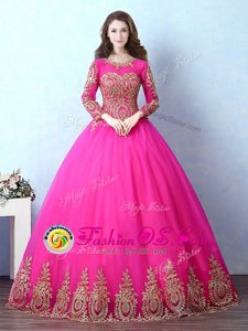 Free and Easy Scoop Appliques Ball Gown Prom Dress Fuchsia Lace Up Long Sleeves Floor Length