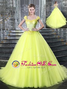 Straps Yellow Sleeveless Tulle Brush Train Lace Up Quinceanera Gowns for Military Ball and Sweet 16 and Quinceanera