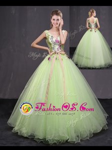 Pretty Ball Gowns Quince Ball Gowns Yellow Green V-neck Tulle Sleeveless Floor Length Lace Up