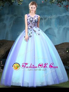 Artistic Multi-color Ball Gowns V-neck Sleeveless Tulle Floor Length Lace Up Appliques Quince Ball Gowns