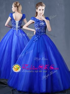 Royal Blue Organza Lace Up V-neck Short Sleeves Floor Length 15th Birthday Dress Lace and Appliques