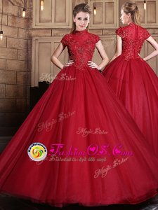 Tulle High-neck Short Sleeves Zipper Appliques Quinceanera Gowns in Wine Red