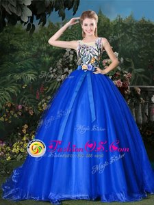Scoop Royal Blue Sleeveless Appliques and Belt Zipper Quince Ball Gowns