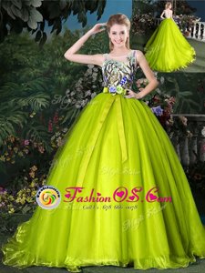 Fantastic Yellow Green Quinceanera Dresses Prom and Sweet 16 and Quinceanera and For with Beading and Appliques and Belt Scoop Sleeveless Court Train Lace Up