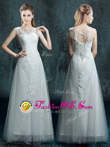 Fine Scoop Tulle and Lace Sleeveless Floor Length Wedding Dresses and Appliques