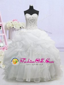 Customized Lace Up Wedding Gown White and In for Wedding Party with Beading and Pick Ups Brush Train
