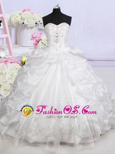 Affordable Beading and Appliques and Pick Ups Wedding Gowns White Lace Up Sleeveless With Brush Train