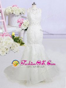Mermaid White Bateau Backless Beading and Appliques Wedding Gown Brush Train Sleeveless