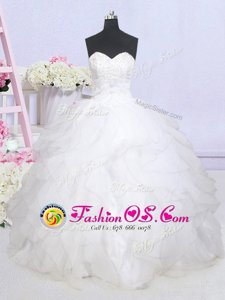 Dramatic White Organza Lace Up Sweetheart Sleeveless Wedding Dress Brush Train Beading and Ruffled Layers