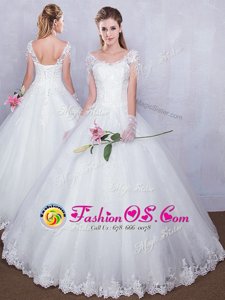 Comfortable Floor Length Ball Gowns Short Sleeves White Wedding Gowns Lace Up