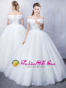 Unique Ruffled Tulle Off The Shoulder Short Sleeves Lace Up Ruching Bridal Gown in White