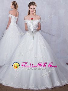 Luxury With Train White Wedding Gowns Scalloped Sleeveless Court Train Lace Up