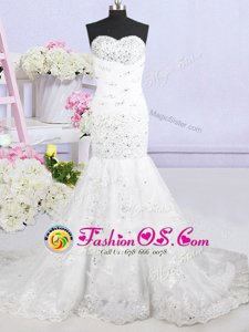 Mermaid White Wedding Gown Wedding Party and For with Beading and Lace and Appliques Sweetheart Sleeveless Brush Train Lace Up
