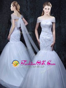 Stylish Brush Train Mermaid Wedding Gown White Off The Shoulder Tulle Short Sleeves With Train Lace Up