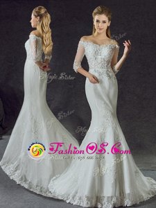 Mermaid Off the Shoulder White Lace Up Wedding Dress Lace and Appliques Half Sleeves With Brush Train