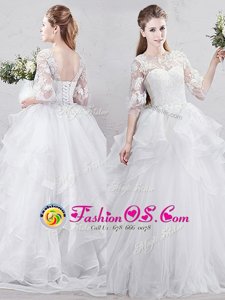 Discount Scoop White Half Sleeves Brush Train Lace and Ruffles With Train Wedding Dresses
