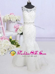 New Arrival Mermaid Scoop Backless White Sleeveless Brush Train Beading and Lace and Appliques and Bowknot Wedding Gown