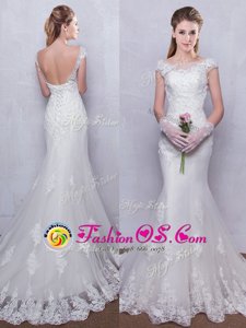 Suitable Mermaid Scoop Cap Sleeves With Train Backless Wedding Gown White and In for Wedding Party with Lace Brush Train