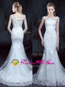 Adorable Mermaid White Wedding Dresses Wedding Party and For with Lace Scoop Cap Sleeves Brush Train Lace Up
