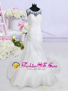 See Through With Train White Wedding Dress Scoop Sleeveless Brush Train Backless