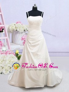 Vintage Sleeveless Ruching Zipper Bridal Gown with White Brush Train