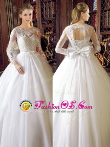 Amazing Scoop White Lace Up Wedding Dress Lace and Bowknot Long Sleeves Floor Length