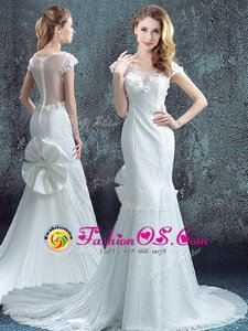 Scoop White Mermaid Lace and Bowknot and Pleated Wedding Dresses Zipper Chiffon and Lace Short Sleeves With Train