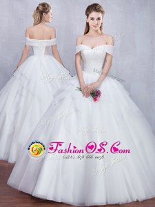 Hot Selling Scoop Half Sleeves With Train Lace and Ruffles Lace Up Wedding Dress with White Brush Train