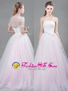 Hot Sale Sleeveless With Train Appliques Lace Up Wedding Gowns with Pink Brush Train