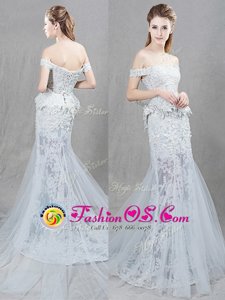 Perfect Mermaid With Train White Wedding Dresses Off The Shoulder Sleeveless Brush Train Lace Up