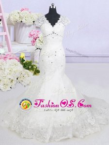 Mermaid V-neck Cap Sleeves Tulle Bridal Gown Beading and Lace Brush Train Lace Up