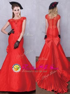 Sophisticated Mermaid Scoop Short Sleeves Brush Train Lace and Bowknot and Pleated Zipper Wedding Gowns