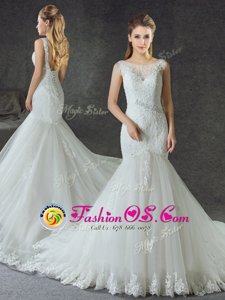 Stunning Mermaid Scoop Sleeveless With Train Lace and Appliques Lace Up Wedding Dress with White Court Train