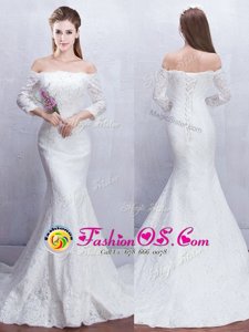 Mermaid Off The Shoulder 3|4 Length Sleeve Wedding Gowns With Brush Train Lace White Lace